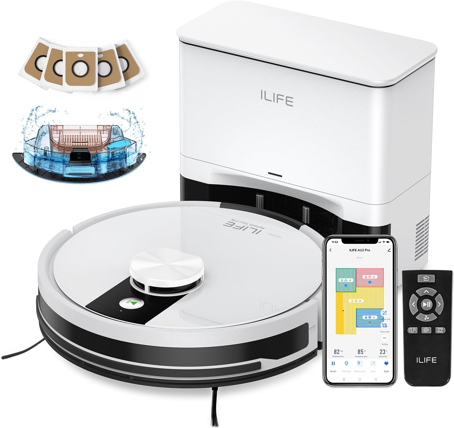 ILIFE A12 Pro Robot Vacuum and Mop Combo, Self Emptying Station for 60 Days, LiDAR Navigation, Home Mapping, No-Go Zones, 2.4G WiFi/App/Alexa/Remote Control, for Hard Floors