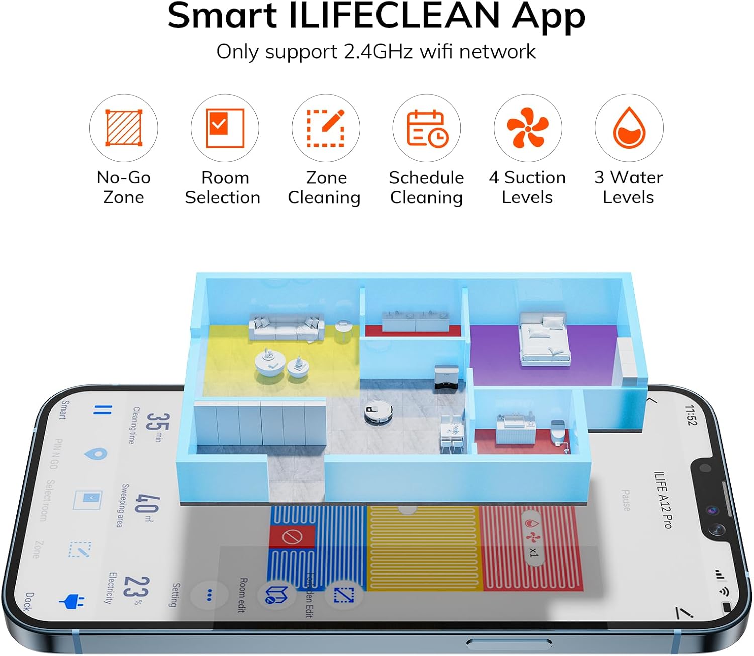 ILIFE A12 Pro Robot Vacuum and Mop Combo, Self Emptying Station for 60 Days, LiDAR Navigation, Home Mapping, No-Go Zones, 2.4G WiFi/App/Alexa/Remote Control, for Hard Floors