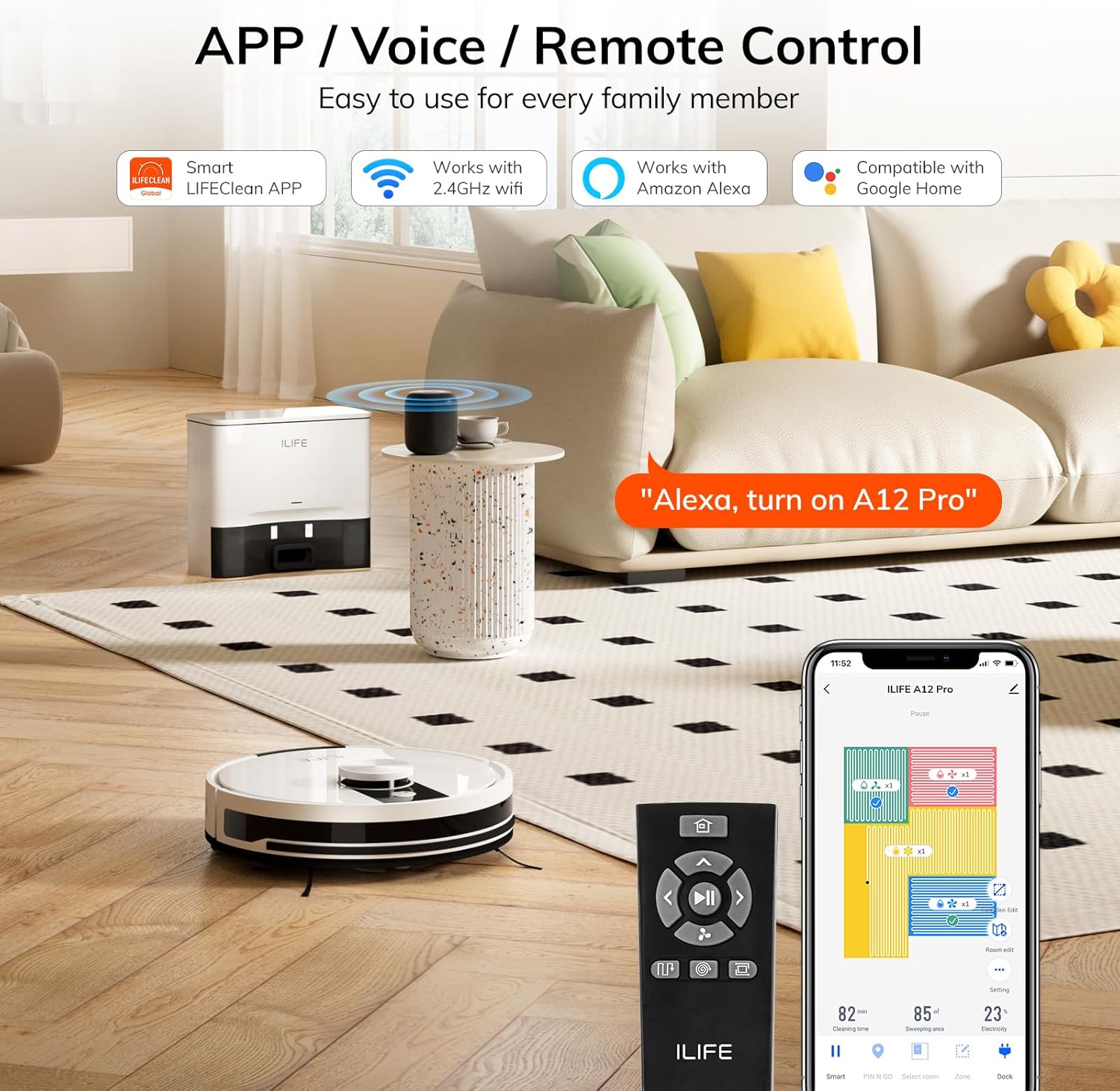 ILIFE A12 Pro Robot Vacuum and Mop Combo, Self Emptying Station for 60 Days, LiDAR Navigation, Home Mapping, No-Go Zones, 2.4G WiFi/App/Alexa/Remote Control, for Hard Floors