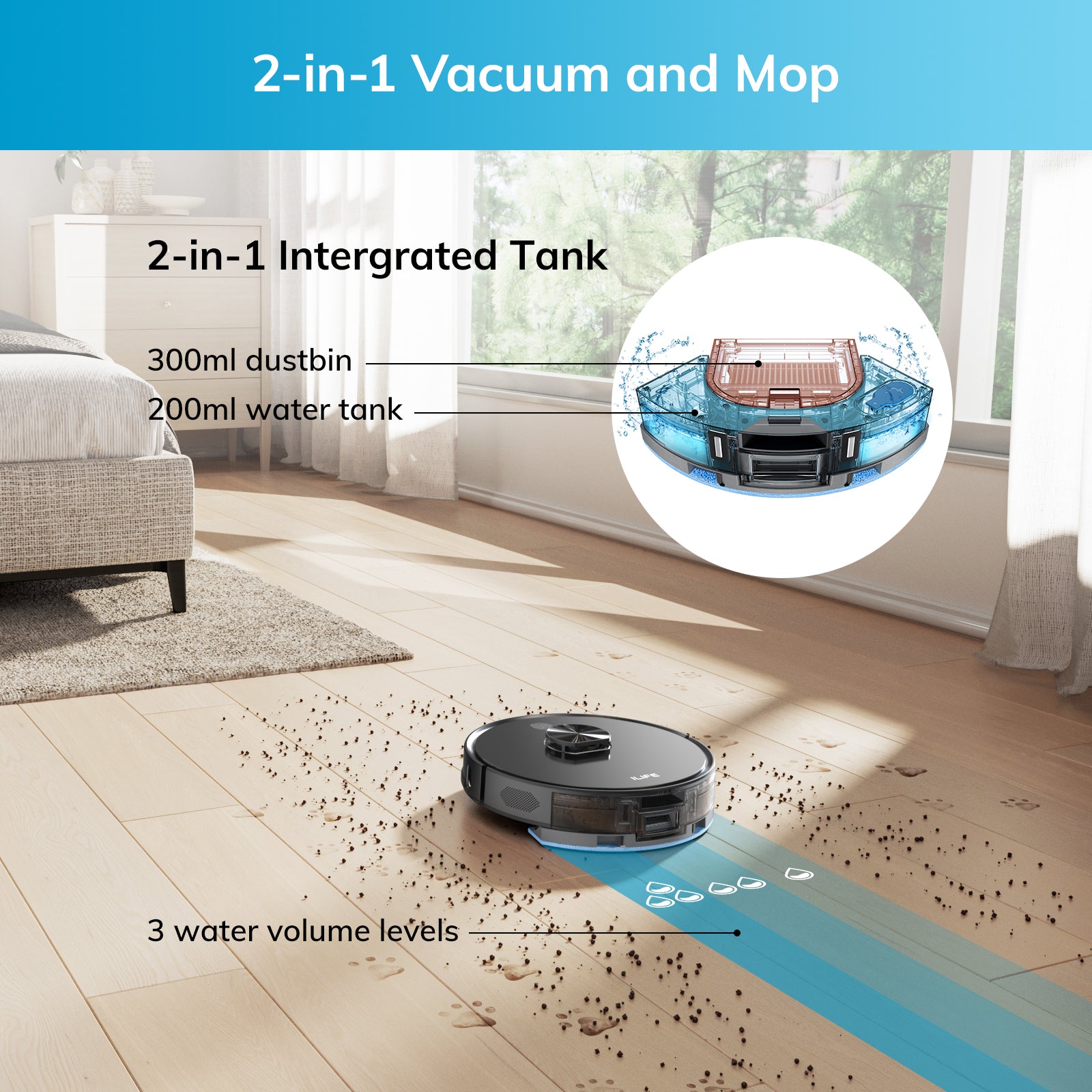 ILIFE A20 Robot Vacuum and Mop Combo, LiDAR Navigation, 3000Pa Suction Robotic Vacuum Cleaner, Smart Mapping, App/Alexa Control, for Pet Hair, Hard Floor, Carpet, 2.4GHz WiFi Only