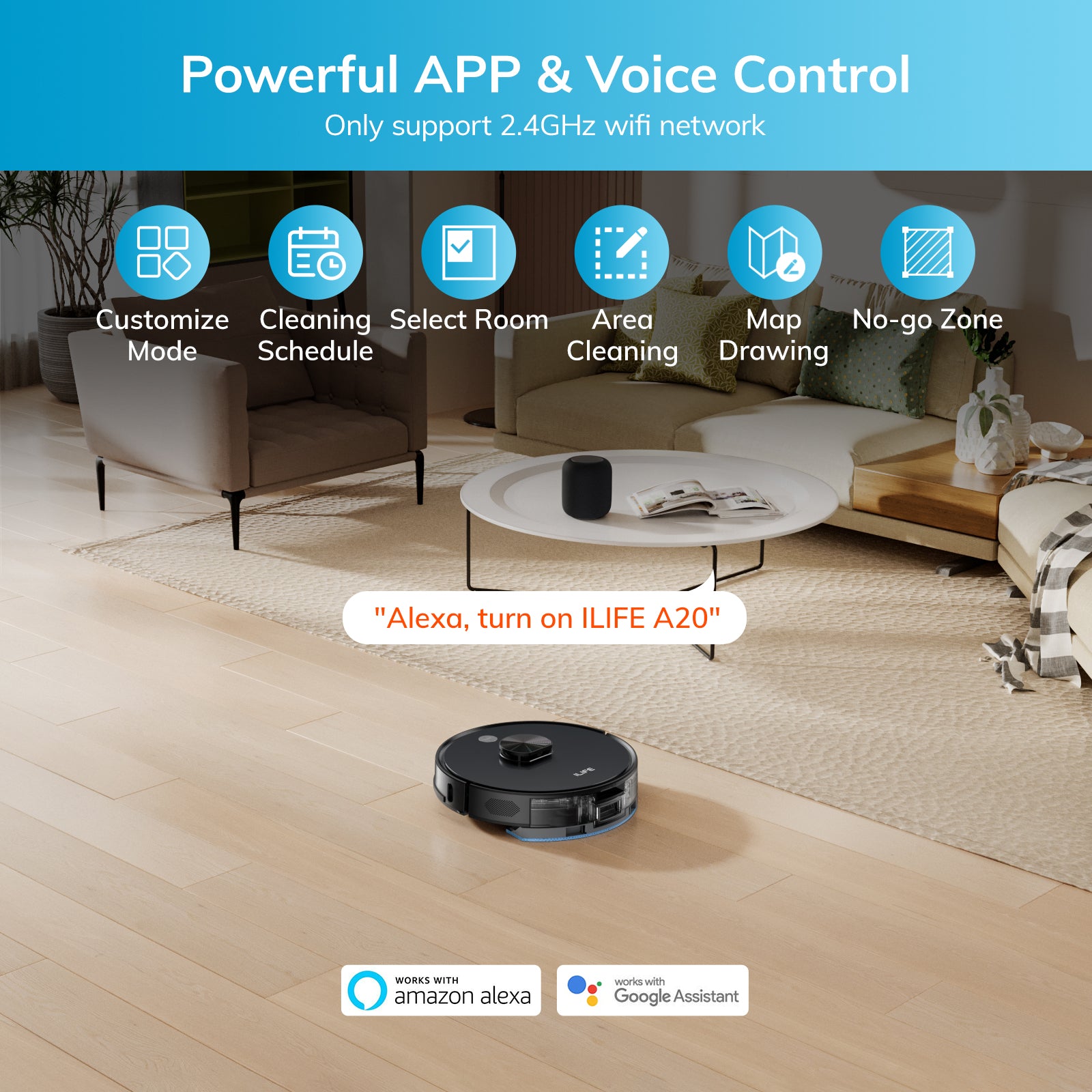 ILIFE A20 Robot Vacuum and Mop Combo, LiDAR Navigation, 3000Pa Suction Robotic Vacuum Cleaner, Smart Mapping, App/Alexa Control, for Pet Hair, Hard Floor, Carpet, 2.4GHz WiFi Only