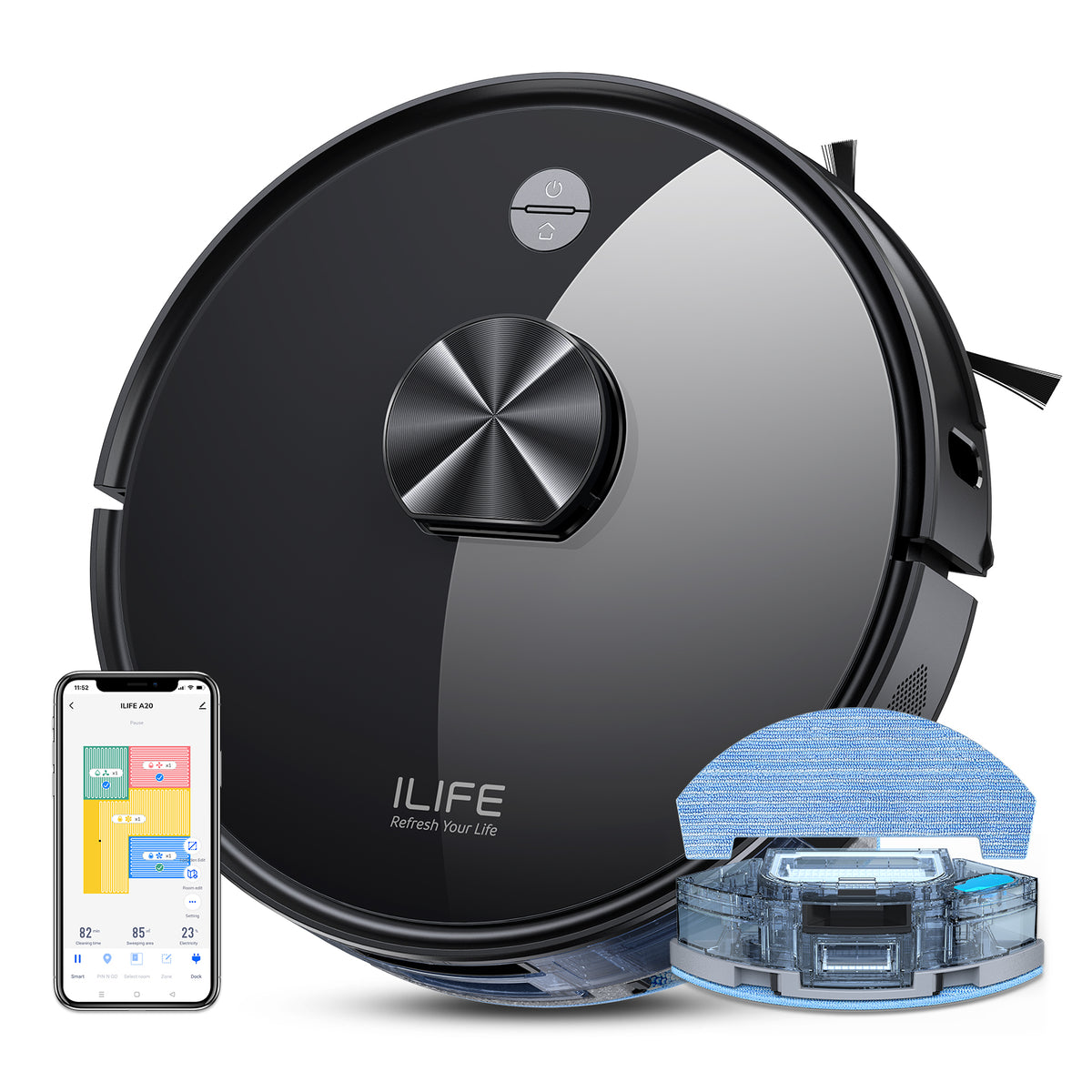 ILIFE A20 Robot Vacuum and Mop Combo, LiDAR Navigation, 3000Pa Suction Robotic Vacuum Cleaner, Smart Mapping, App/Alexa Control, for Pet Hair, Hard Floor, Carpet, 2.4GHz WiFi Only