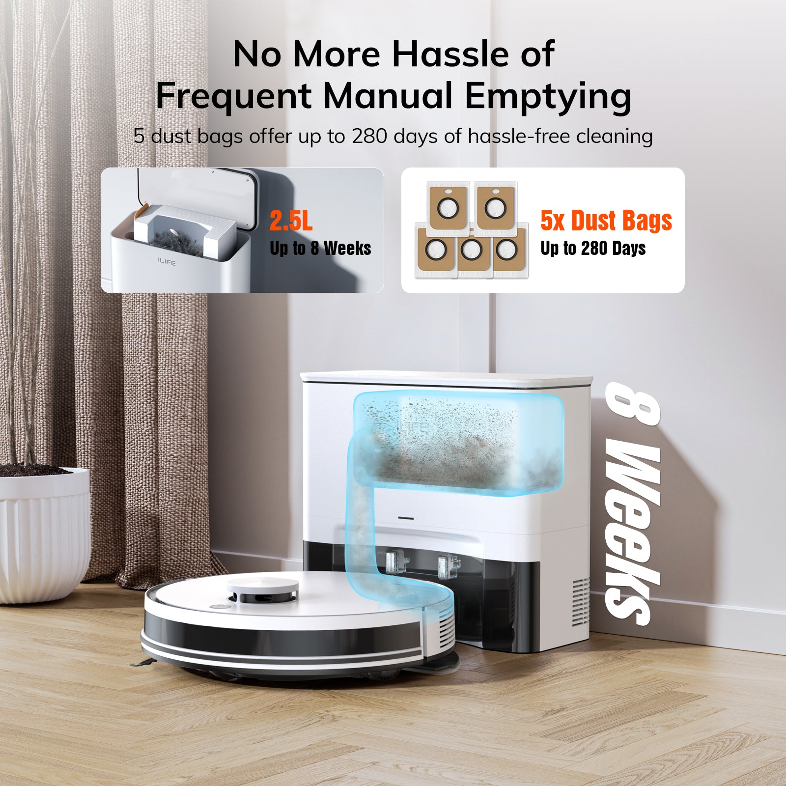 ILIFE A30 Pro Robot Vacuum and Mop,10000Pa Max Suction 60 Days Self Emptying, LiDAR Navigation, 150 Mins, App, Remote & Voice Control, Ideal for Hard Floors, Carpet & Pet Hair